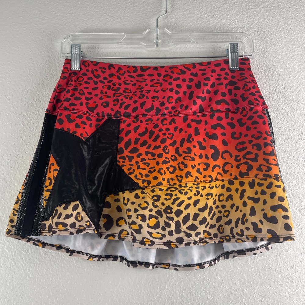 Lucky in Love Tennis Skort Small Red Orange Leopard Print Star Activewear Skirt